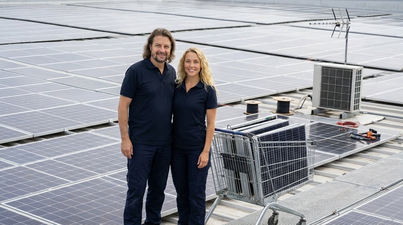 Solaranlage auf einem Supermarktdach – das Solarsorglos-Team vor dem Markt