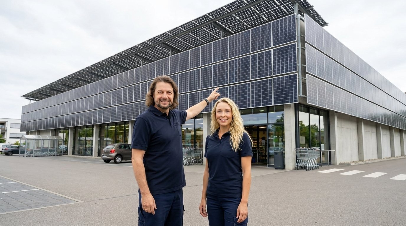 Gebäudefassade mit integrierten Solarmodulen