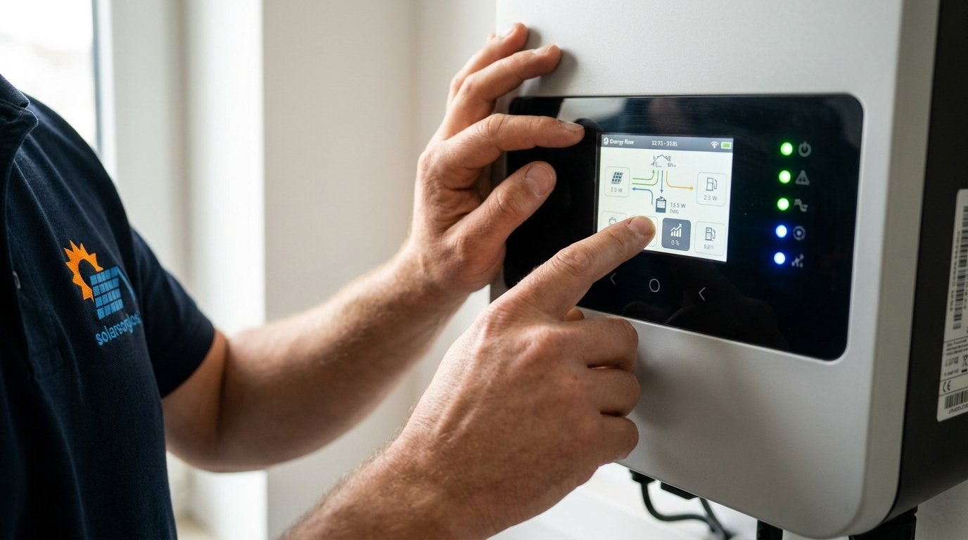 Display und Bedienung eines modernen Wechselrichters in Nahaufnahme