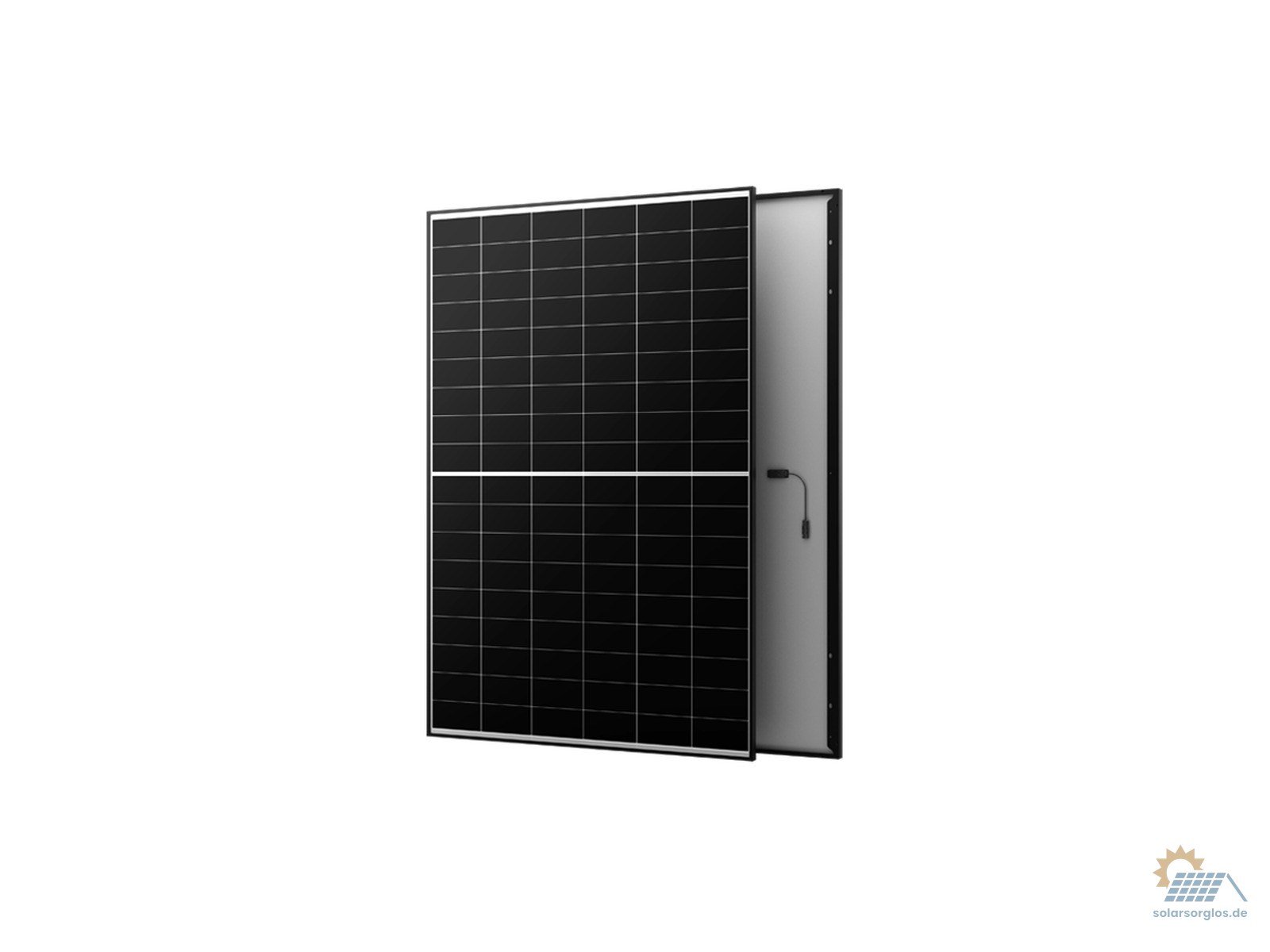 AIKO NEOSTAR 2S+ 500 W Solarmodul in Full-Black-Dual-Glass-Bauweise, randlos, Vorderansicht mit sichtbarer ABC-N-Type-Zelltechnologie.