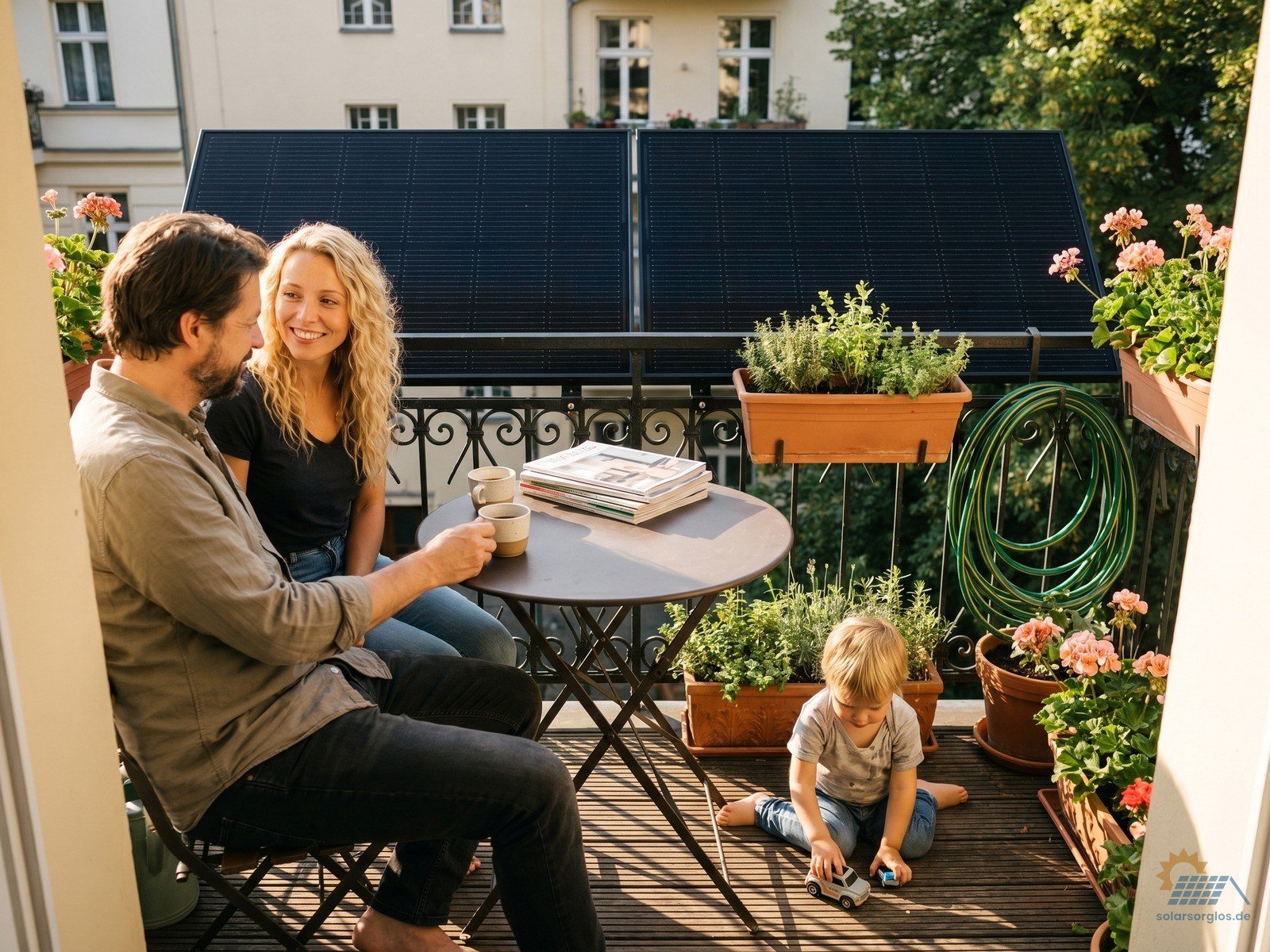 Familie auf Berliner Balkon mit Balkonkraftwerk