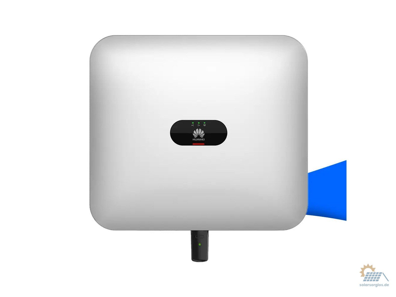 Huawei SUN2000 Hybrid-Wechselrichter in weißem Gehäuse, Frontansicht mit Display und Status-LEDs, wandmontiert.