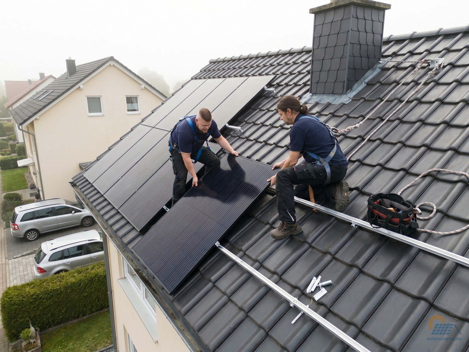 Montage-Team auf anthrazit-grauem Walmdach